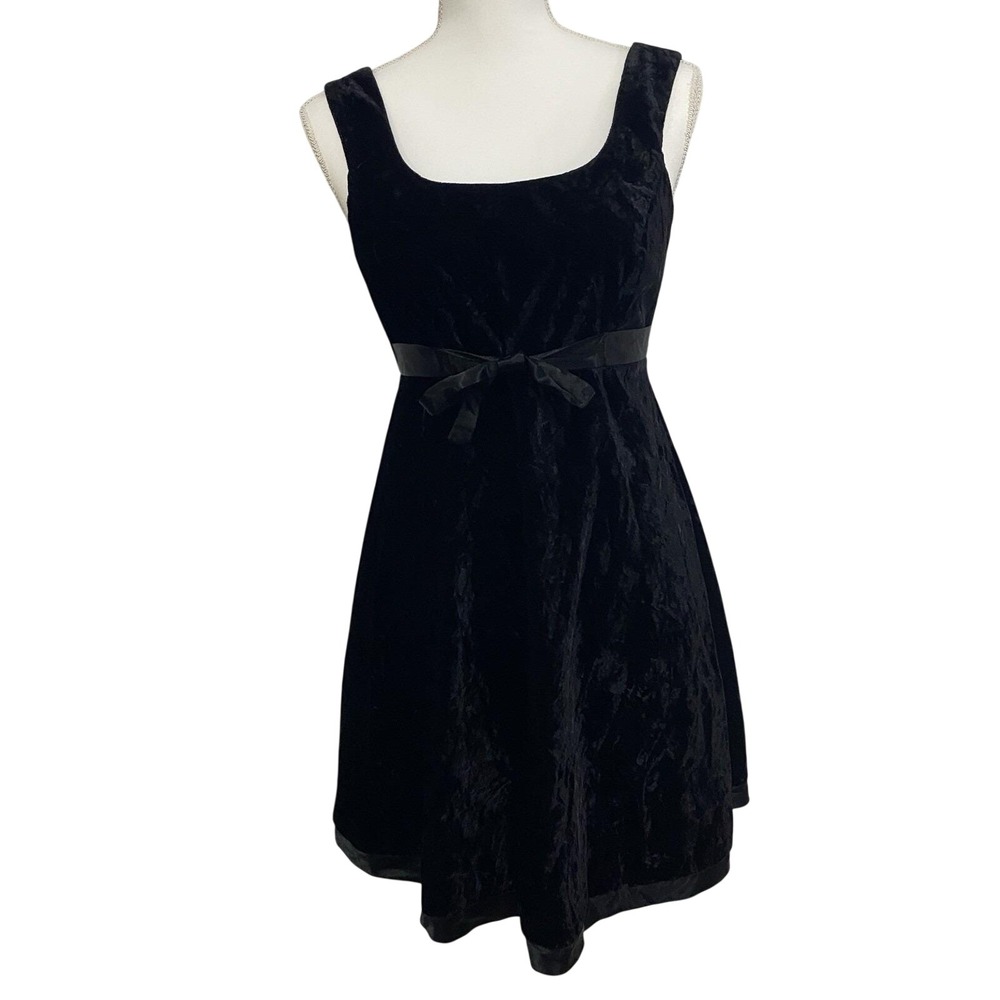 Vintage Rampage Y2K Whimsigoth Black Velvet Mini Dress, Empire Waist With Tie